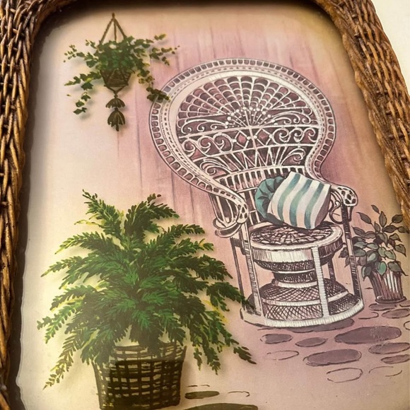 Unique 70s Peacock Chair & Plants Wall Art in Wicker Frame - Picture 2 of 8